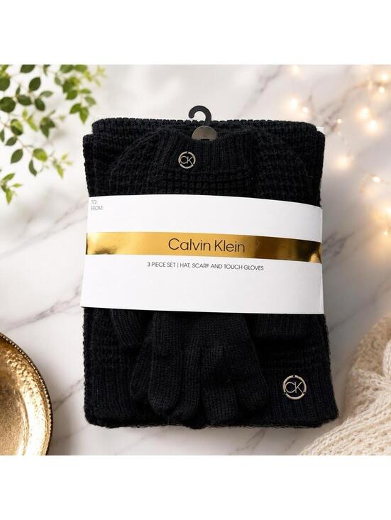 Calvin Klein Accessories - NEW WOMAN'S CALVIN KLEIN HAT SCARF TOUCH GLOVES SET WAFFLE BLACK MSRP $118